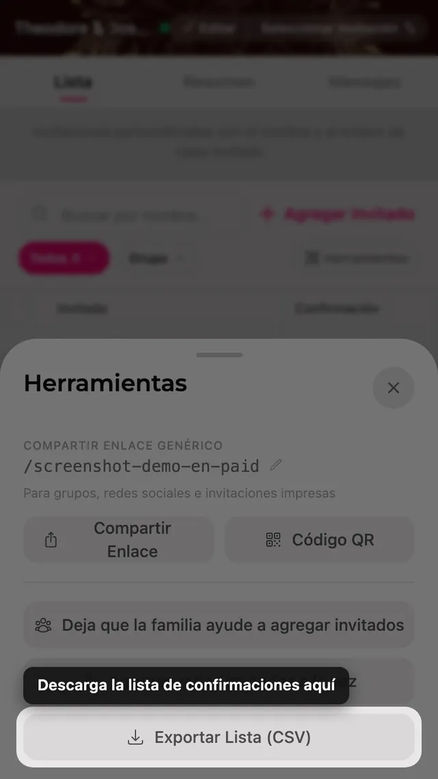 El botón exportar lista dentro del panel Herramientas