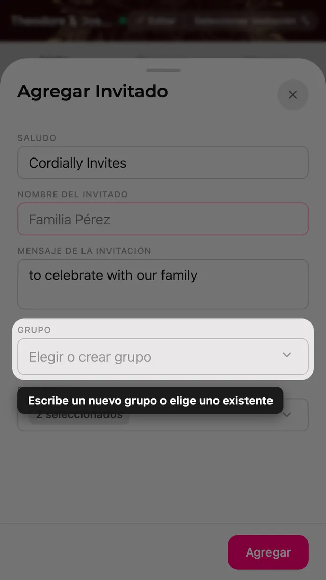 El campo Grupo del formulario, con un selector de grupos existentes y nuevos