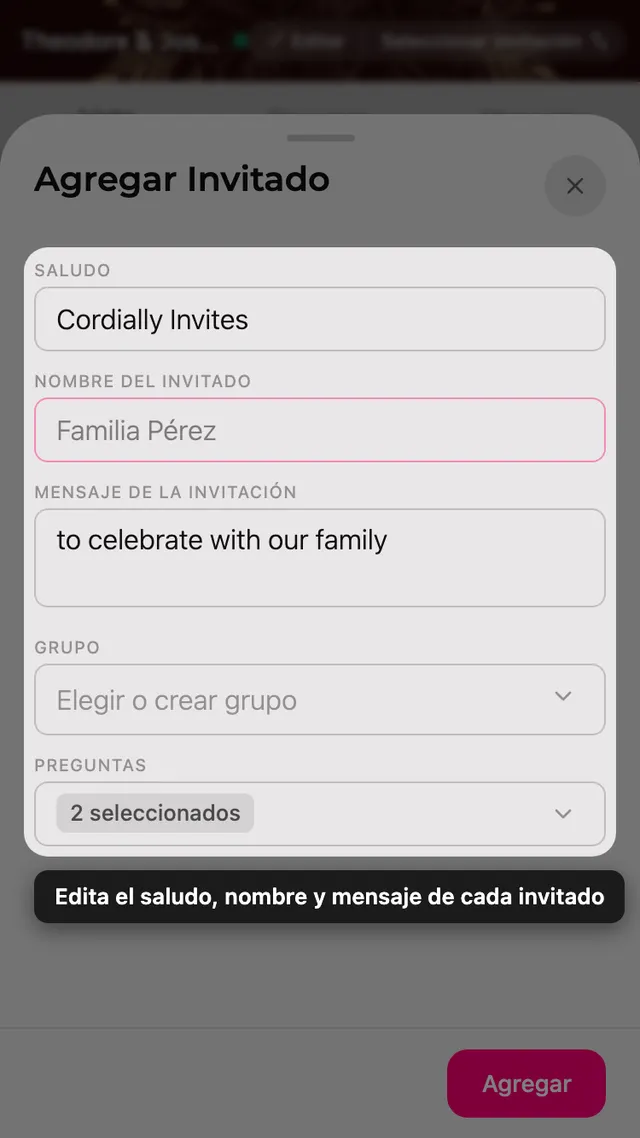 El formulario de invitado con los campos de línea de invitación, nombre, mensaje, grupo y preguntas