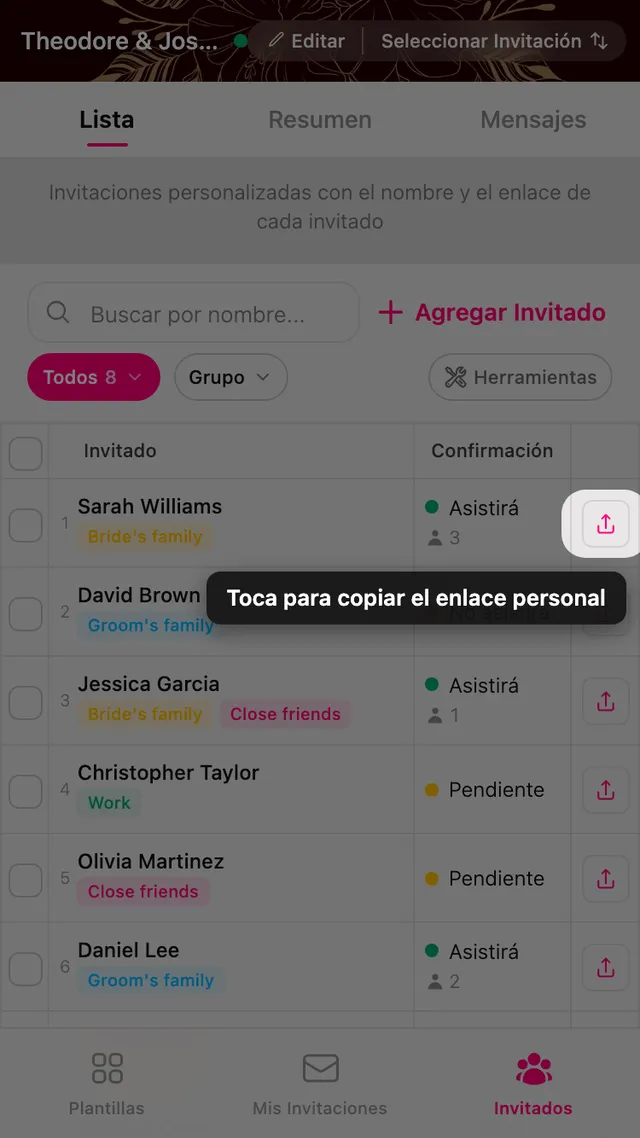 El botón de copiar al final de una fila de invitado