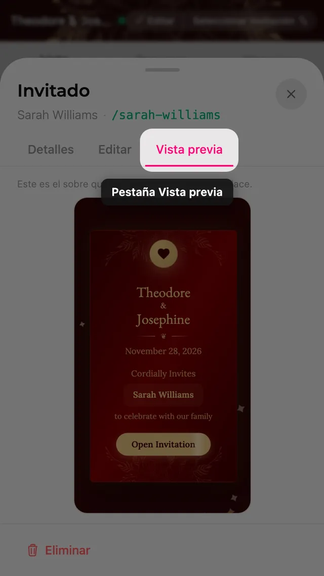 La pestaña de vista previa de una ficha de invitado, con el sobre a su nombre