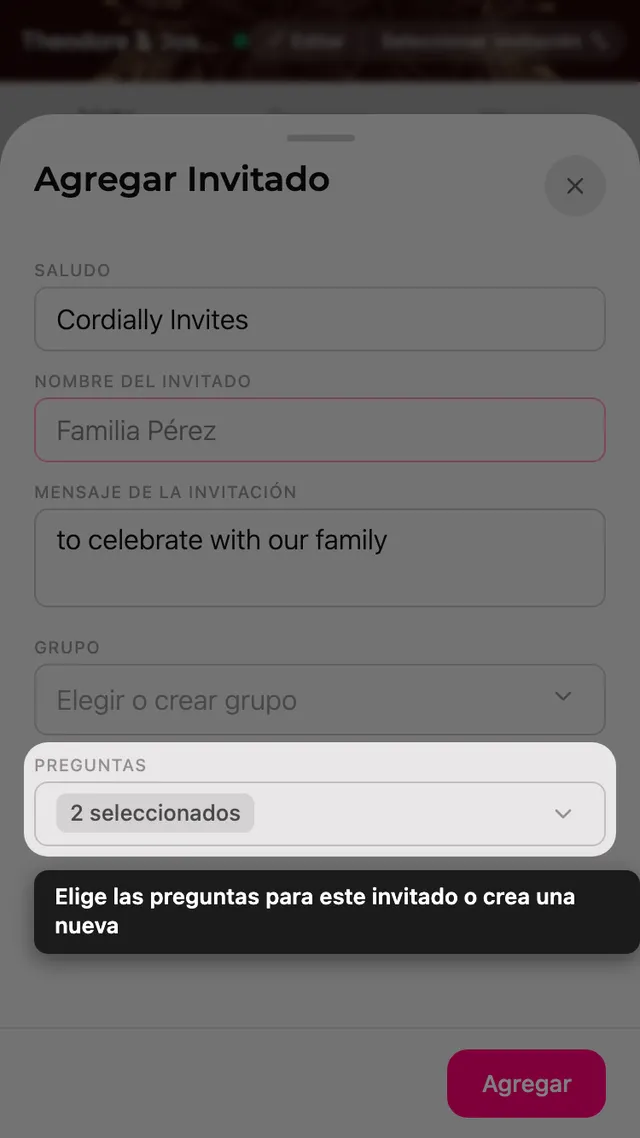El campo Preguntas del formulario, con un selector de preguntas de confirmación