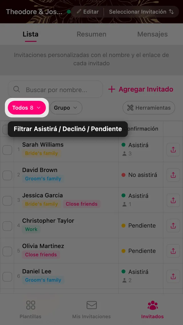 La píldora de filtro de confirmación sobre la lista de invitados
