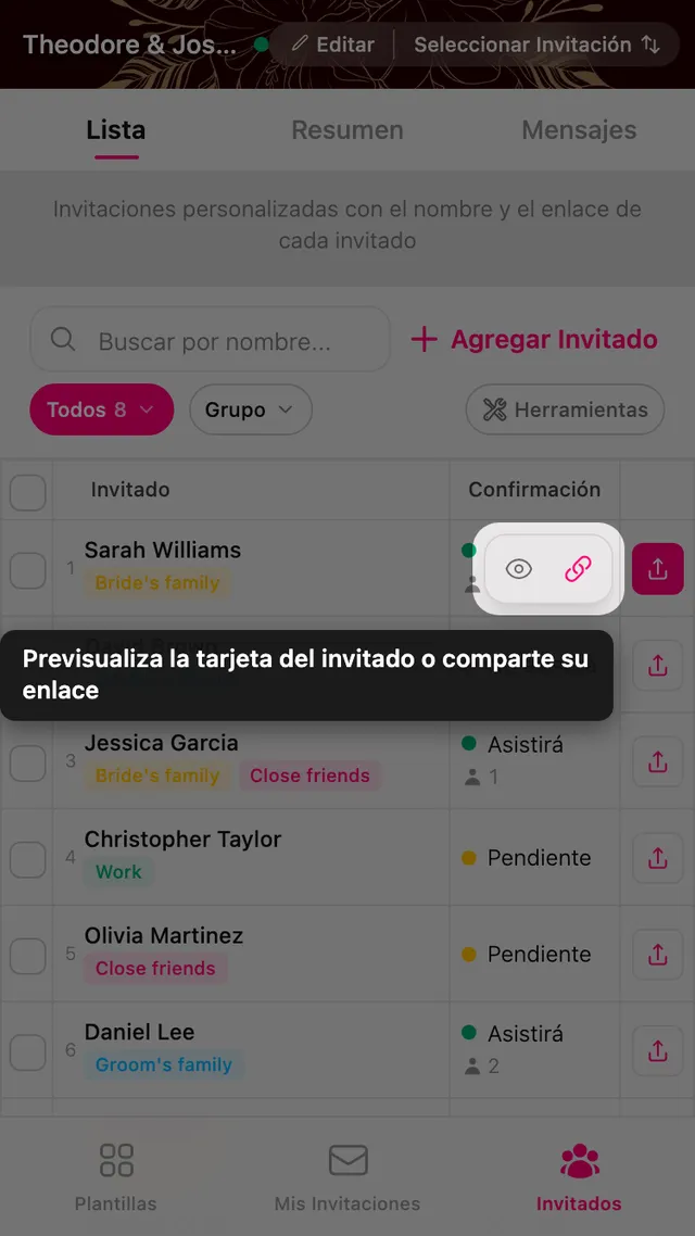 Las acciones de vista previa y compartir en una fila de invitado