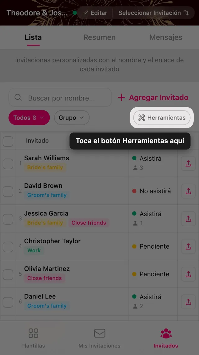El botón Herramientas al final de la fila de filtros del gestor de invitados
