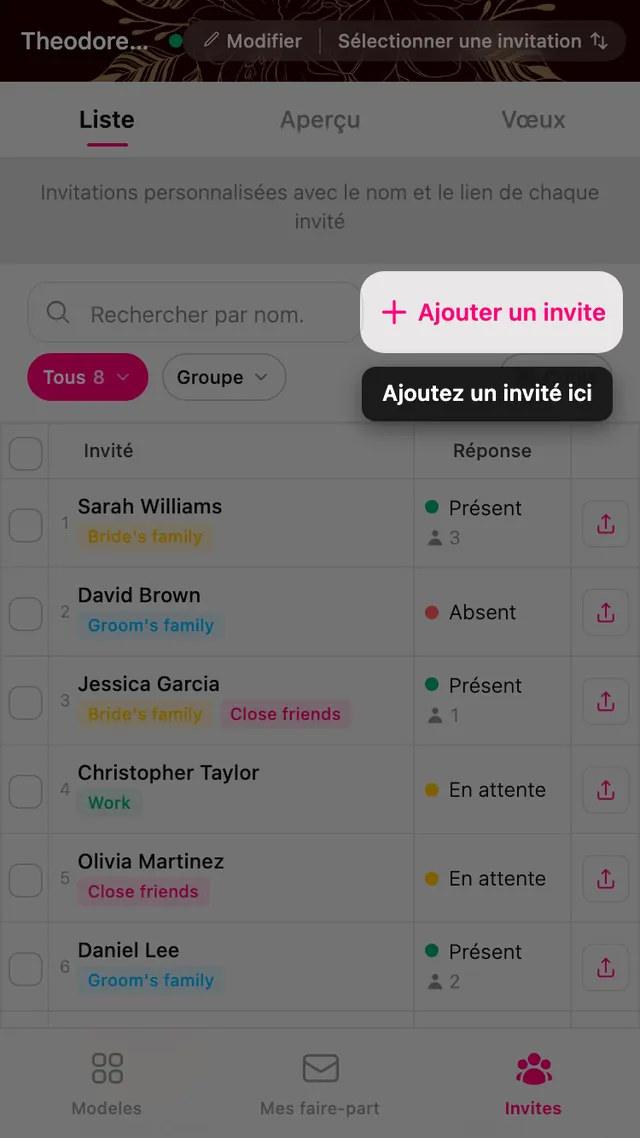 Le bouton Ajouter un invité en haut de la liste