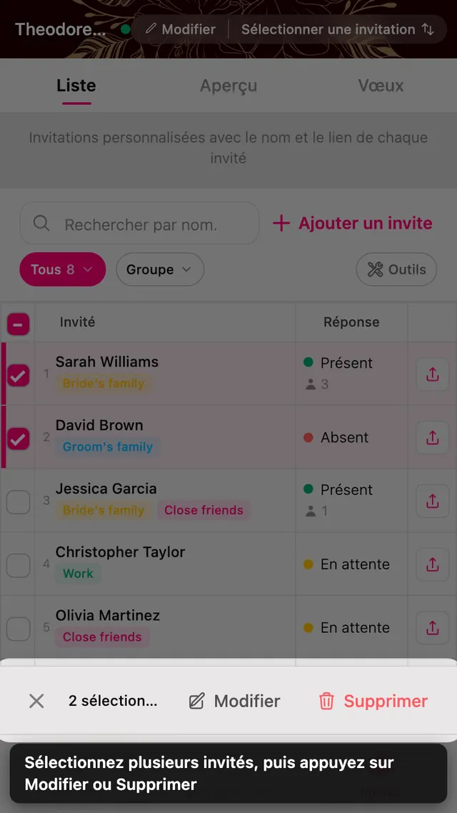 Deux lignes d'invités cochées, avec la barre modifier et supprimer en bas