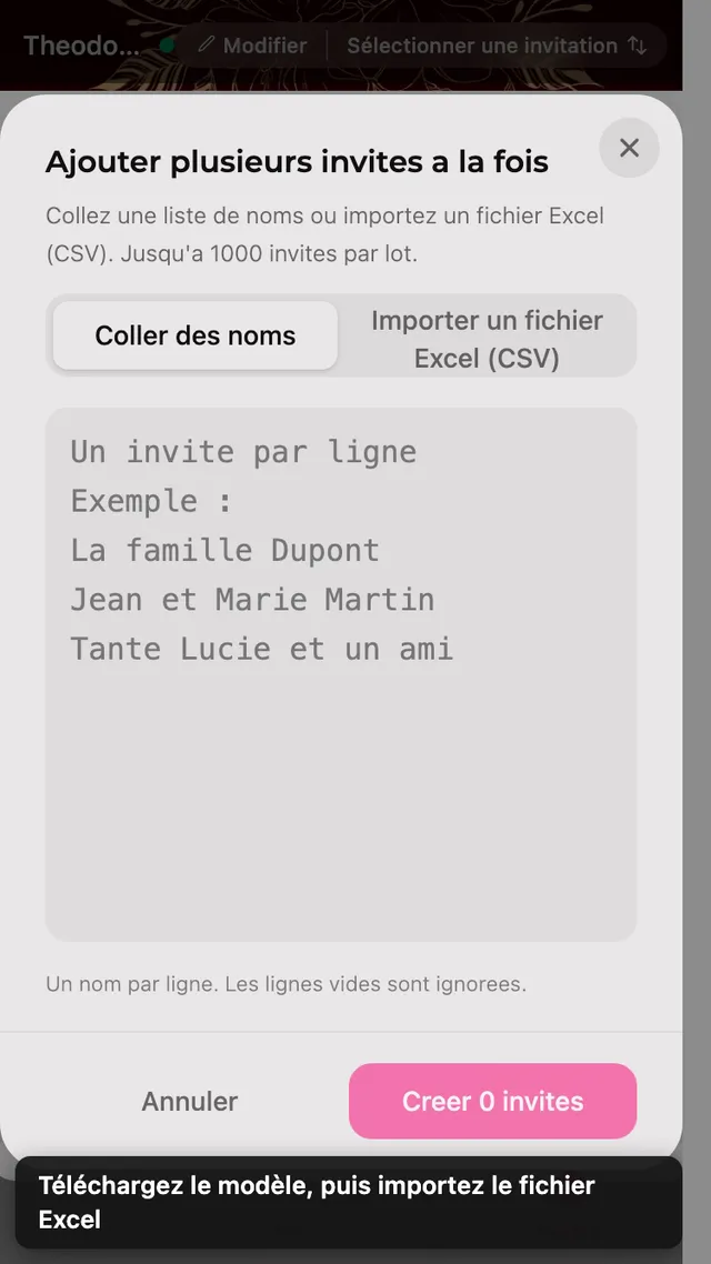 Le panneau d'ajout groupé, avec un onglet pour coller des noms et un onglet pour importer un tableur