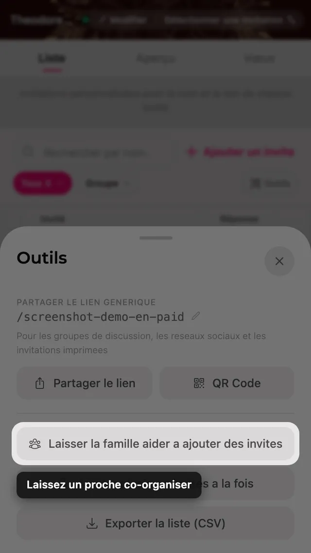 Le bouton pour laisser la famille aider à ajouter des invités, dans le panneau Outils