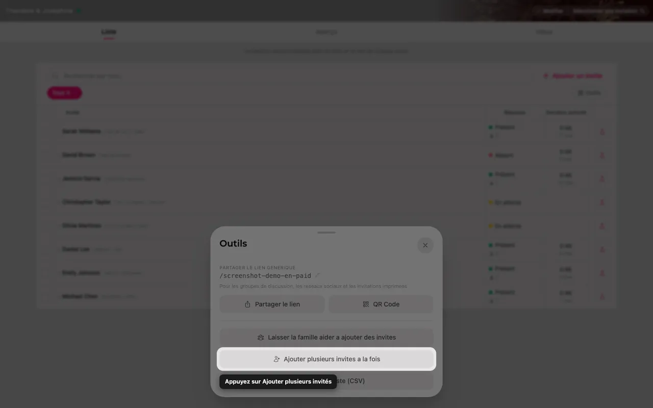 Le bouton Ajouter plusieurs invités dans le panneau Outils