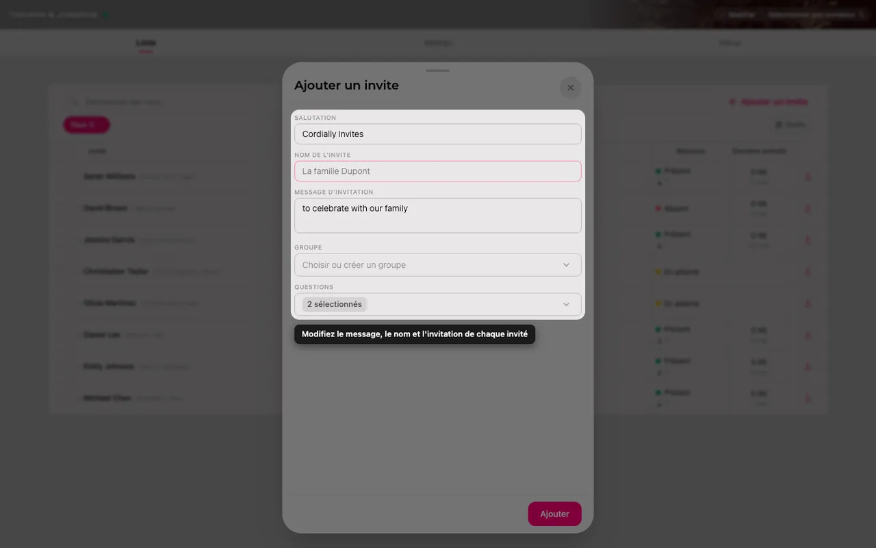 Le formulaire d'ajout d'invité sur la page Invités