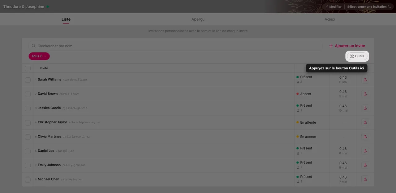 Le bouton Outils à la fin de la ligne de filtres dans le gestionnaire d’invités