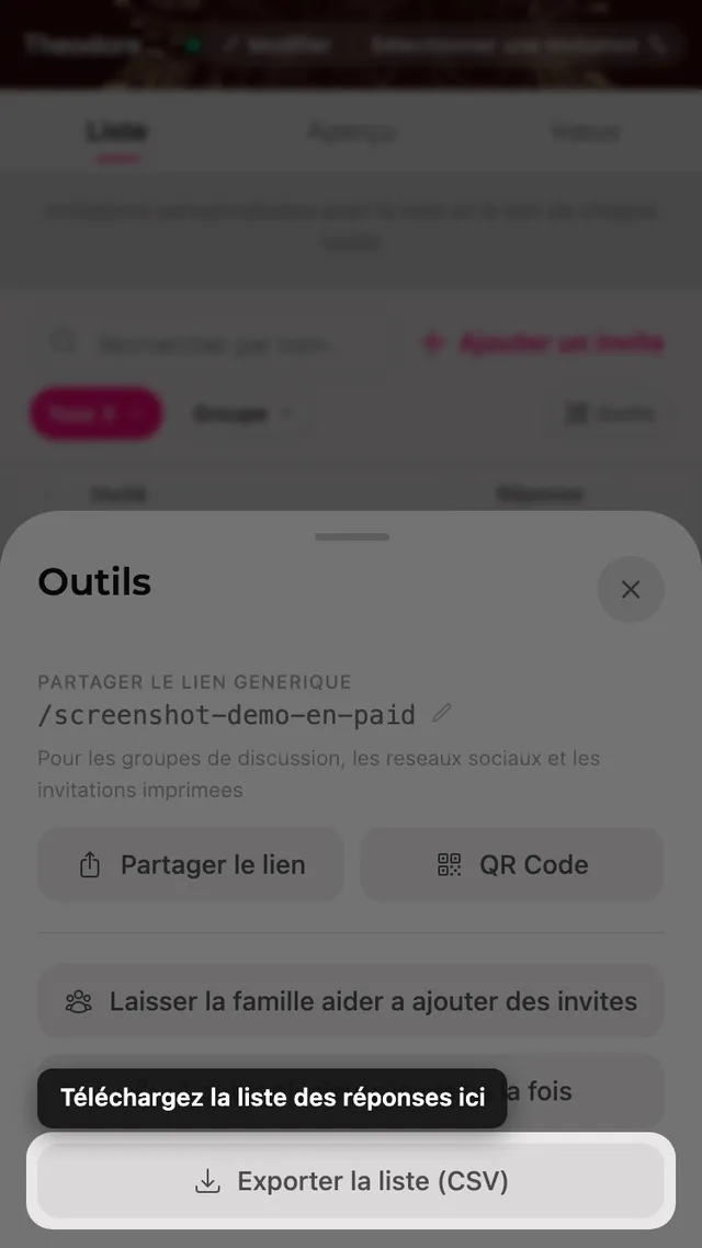 Le bouton exporter la liste dans le panneau Outils
