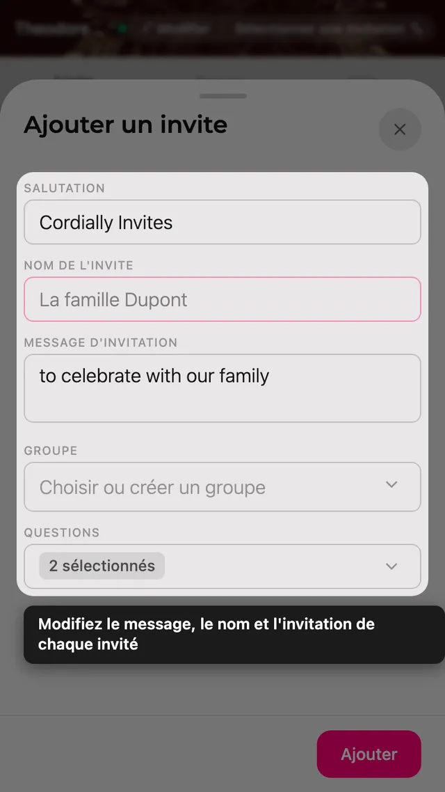Le formulaire d'ajout d'invité sur la page Invités