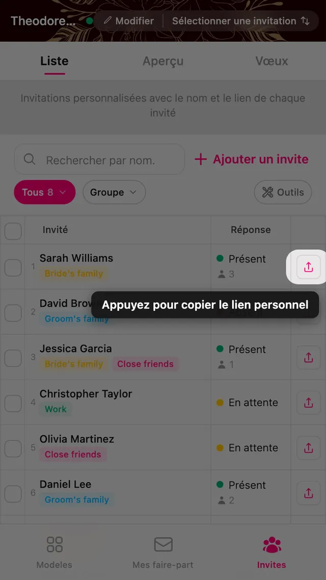 Le bouton de copie du lien personnel sur la ligne d'un invité