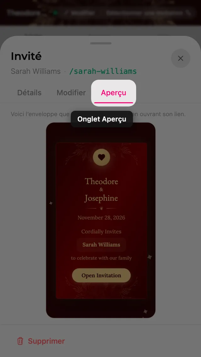 L'onglet aperçu d'une fiche invité, montrant l'enveloppe au nom de l'invité