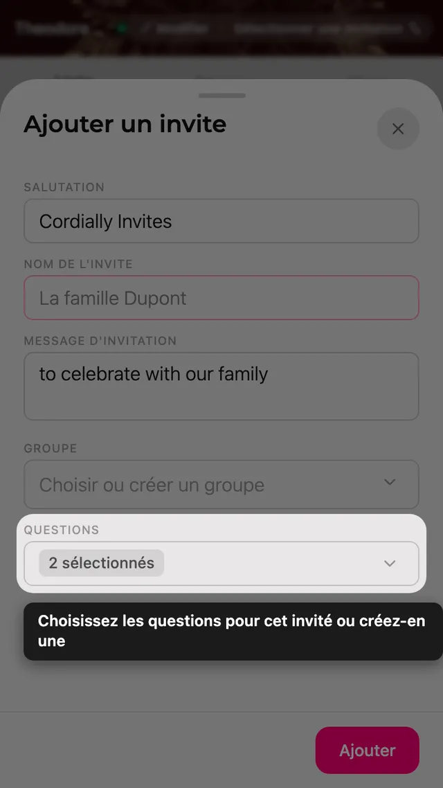 Le champ Questions du formulaire, avec un sélecteur de questions RSVP