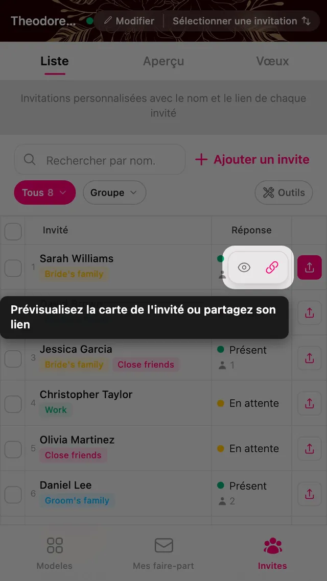 Les boutons d'envoi rapide sur la ligne d'un invité