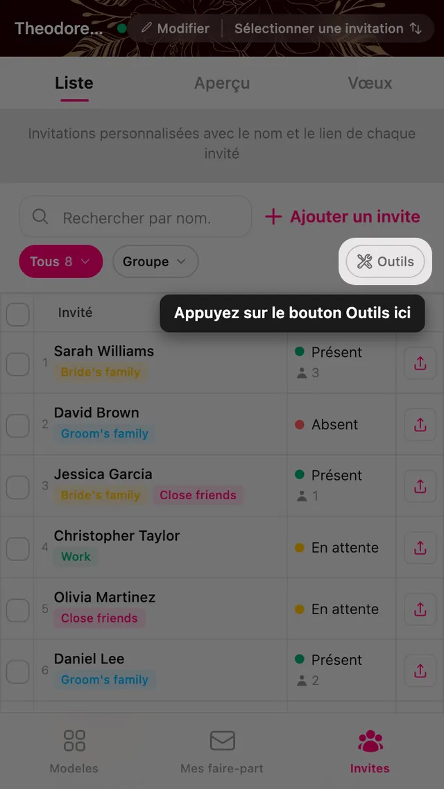 Le bouton Outils à la fin de la ligne de filtres dans le gestionnaire d’invités