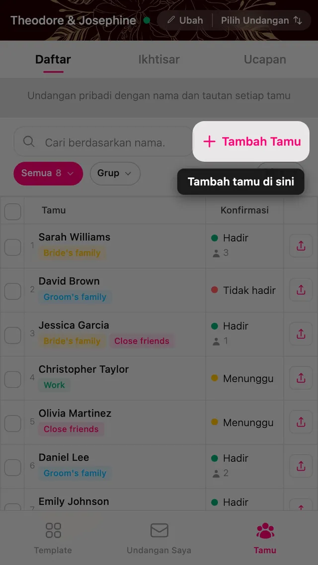 Tombol Tambah tamu di bagian atas daftar tamu