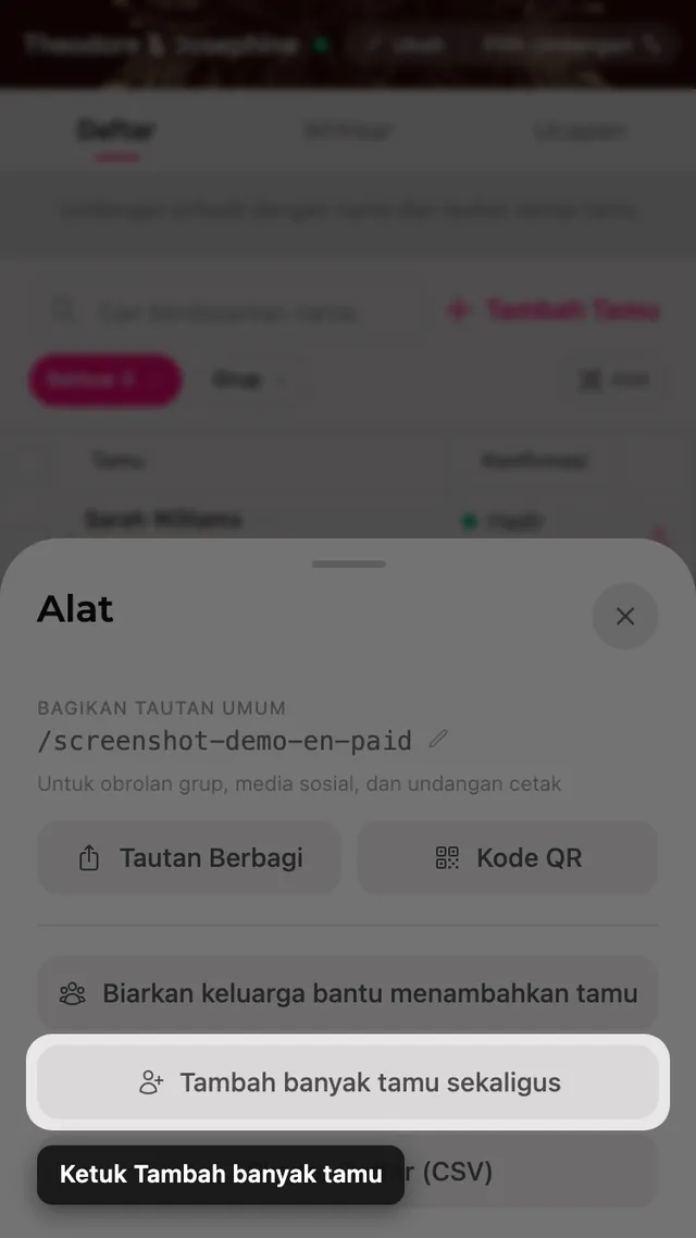 Tombol Tambah banyak tamu di dalam panel Alat