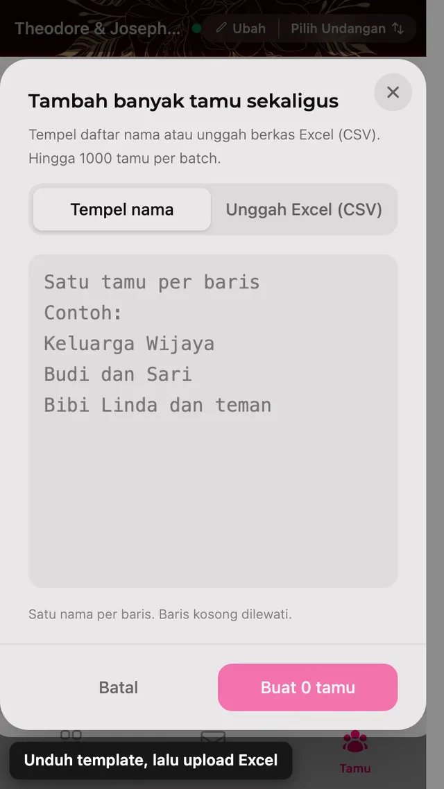 Panel tambah massal, dengan tab menempel nama dan tab mengunggah lembar kerja