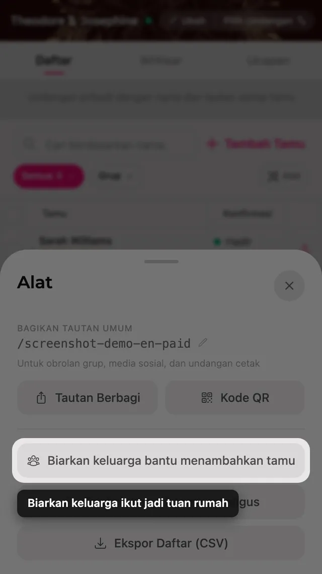 Tombol biarkan keluarga bantu menambahkan tamu di dalam panel Alat
