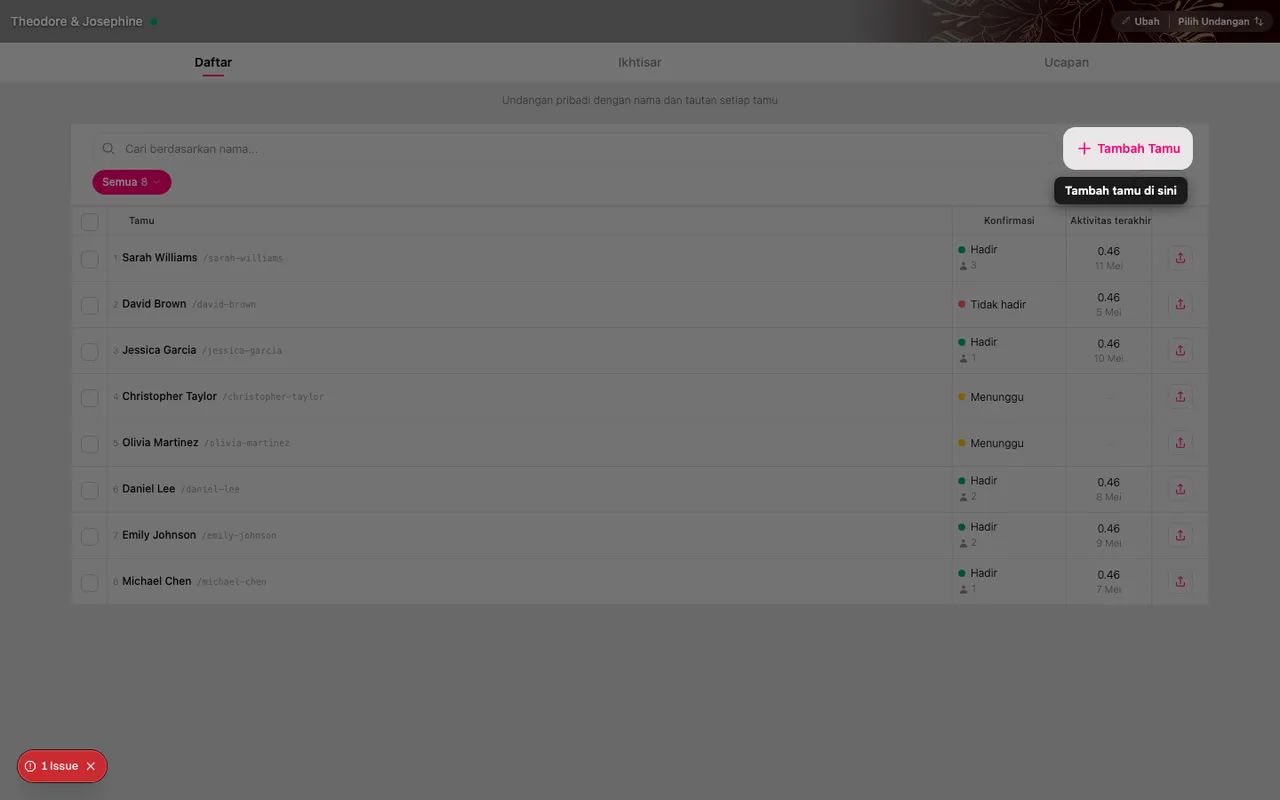 Tombol Tambah tamu di bagian atas daftar tamu