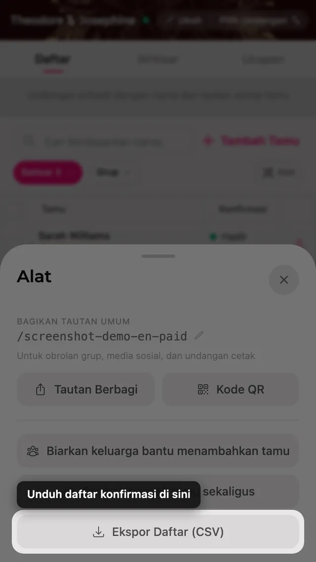 Tombol ekspor daftar di dalam panel Alat