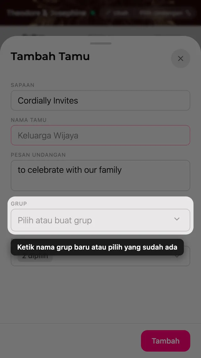 Kolom Grup pada formulir tamu, dengan pemilih grup lama dan baru