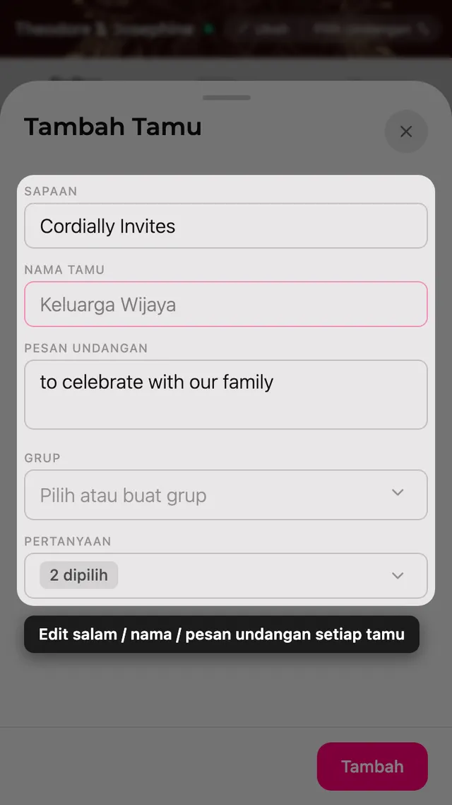 Formulir tamu dengan kolom baris undangan, nama, pesan, grup, dan pertanyaan