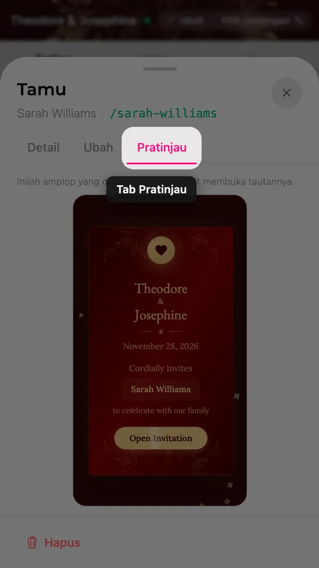 Tab pratinjau pada lembar tamu, memperlihatkan amplop bernama tamu itu