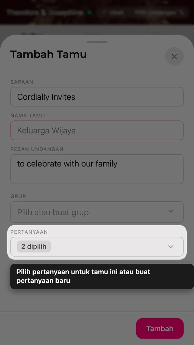 Kolom Pertanyaan pada formulir tamu, dengan pemilih pertanyaan konfirmasi
