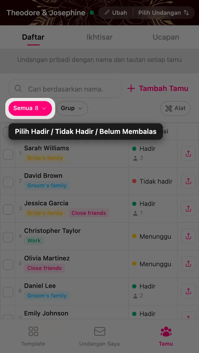 Pil filter konfirmasi di atas daftar tamu