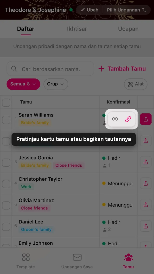 Tombol pratinjau dan bagikan pada baris tamu