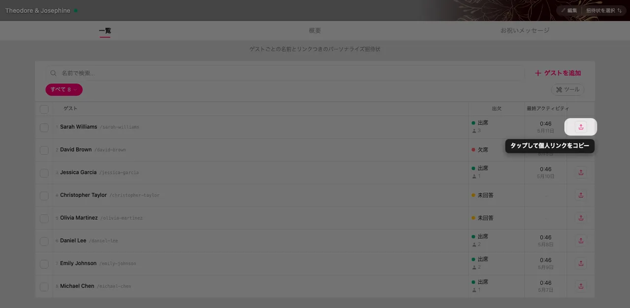 ゲストの行の末尾にあるコピーボタン