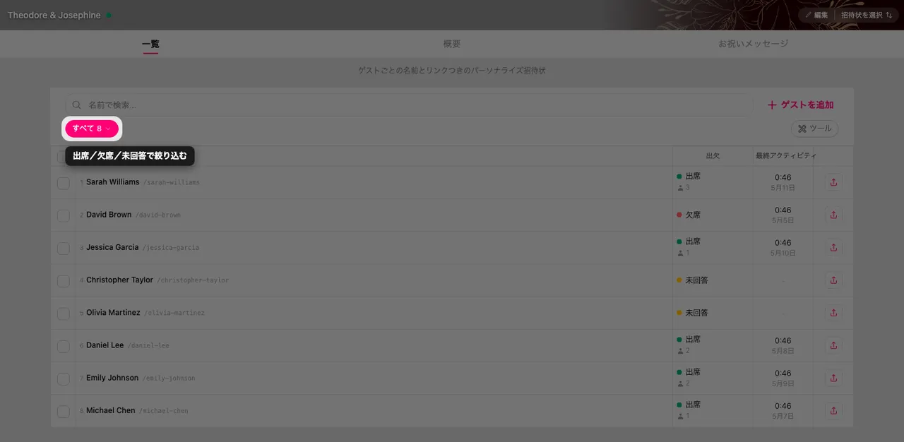 ゲストリストの上にある出欠の絞り込みチップ