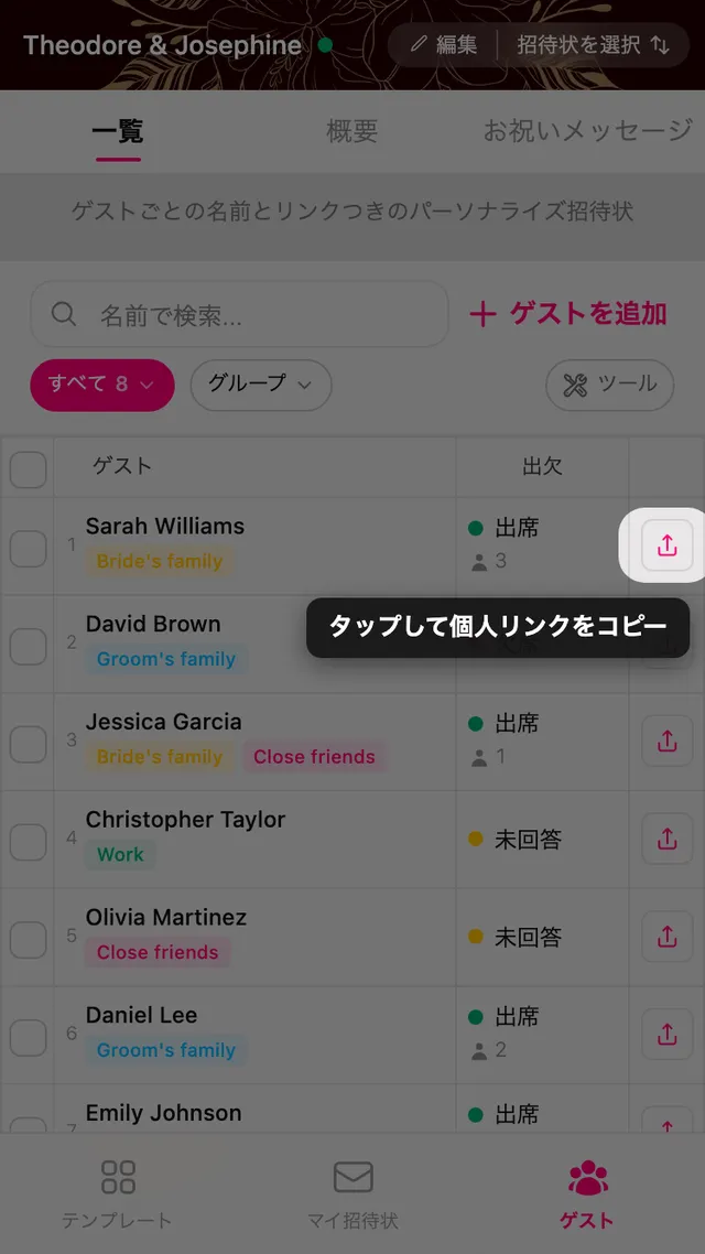 ゲストの行の末尾にあるコピーボタン