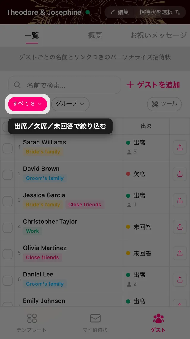 ゲストリストの上にある出欠の絞り込みチップ