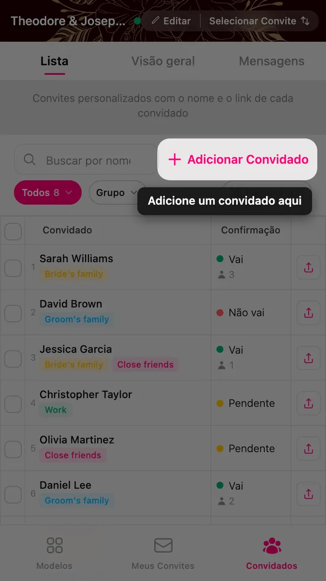 O botão Adicionar convidado no topo da lista