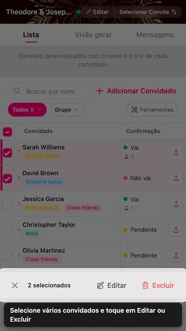 Duas linhas de convidados marcadas, com a barra de editar e apagar embaixo