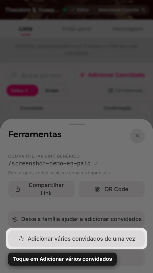 O botão Adicionar vários convidados dentro do painel Ferramentas