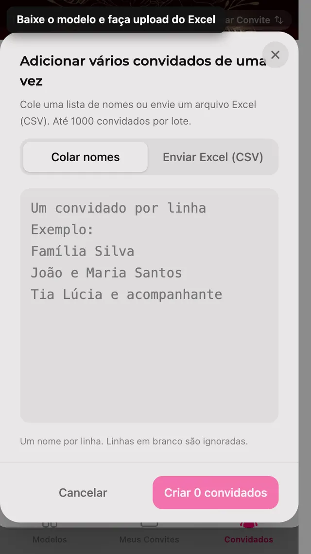 O painel de inclusão em massa, com uma aba para colar nomes e outra para enviar planilha