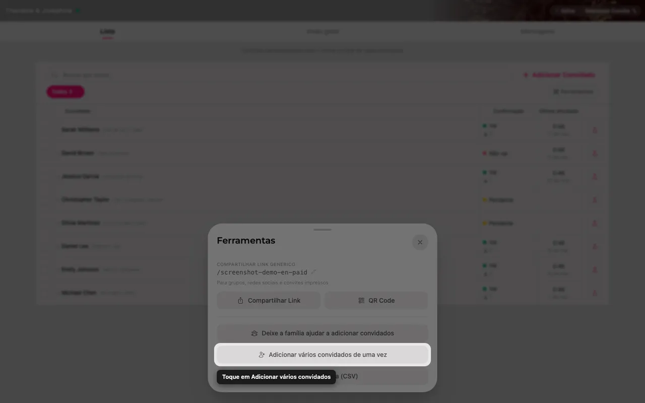 O botão Adicionar vários convidados dentro do painel Ferramentas