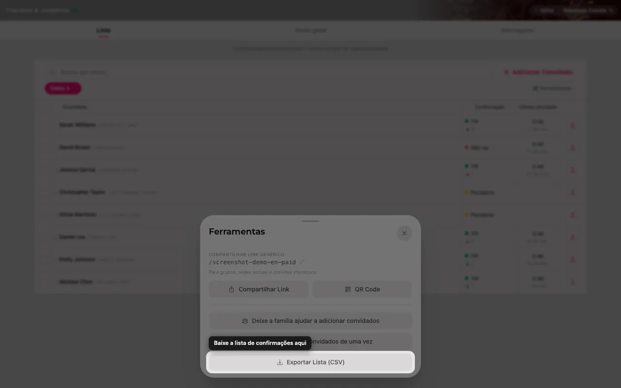 O botão exportar lista dentro do painel Ferramentas