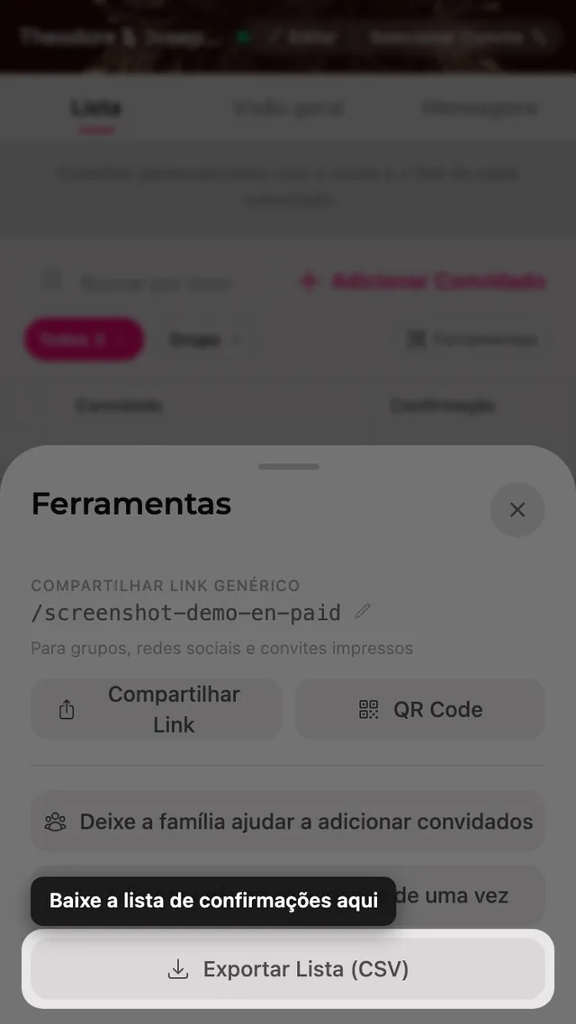 O botão exportar lista dentro do painel Ferramentas