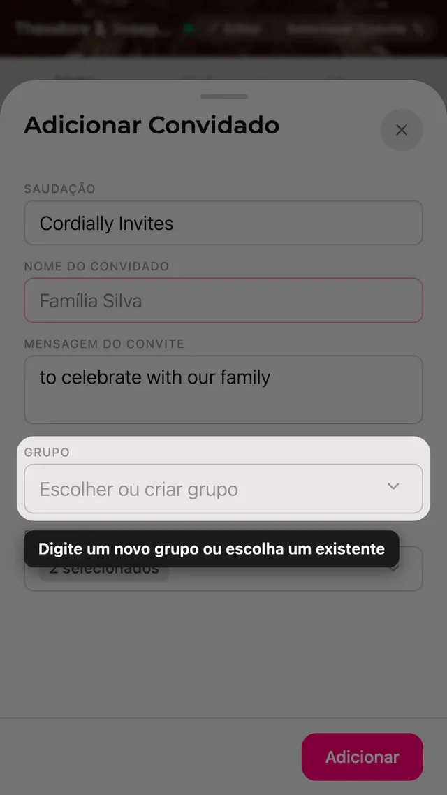 O campo Grupo do formulário, com um seletor de grupos existentes e novos