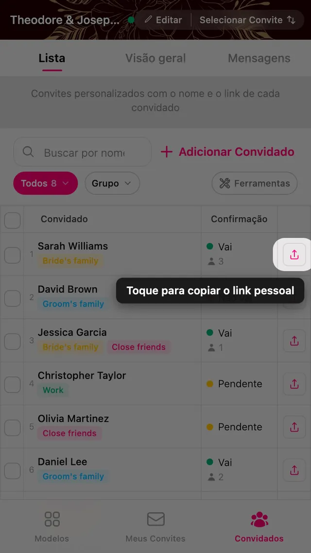 O botão de copiar no fim de uma linha de convidado