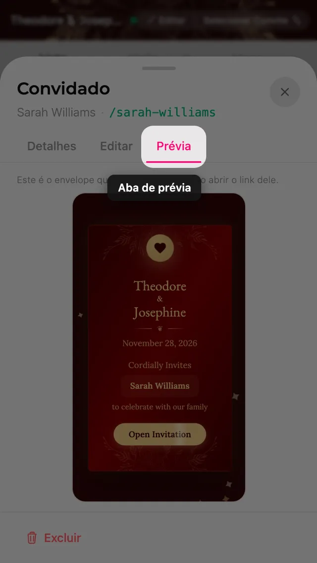 A aba de prévia da ficha de um convidado, mostrando o envelope com o nome dele