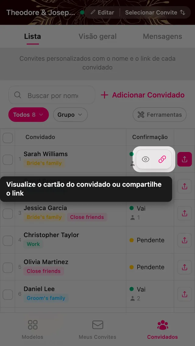 As ações de prévia e compartilhar em uma linha de convidado